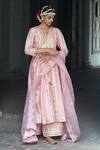 Shop_Gopi Vaid_Pink Dupatta Organza, Kurta And Churidar Tussar Ishanya Embellished Anarkali Set_at_Aza_Fashions