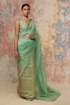Devnaagri_Green Woven Silk Organza V Neck Saree With Blouse _Online_at_Aza_Fashions