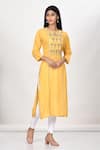 Buy_Khwaab by Sanjana Lakhani_Yellow Cotton Silk Embroidered Floral Motifs Round Kurta _at_Aza_Fashions