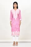 Buy_Khwaab by Sanjana Lakhani_Pink Cotton Silk Printed Polka Dots Notched Kurta _Online_at_Aza_Fashions