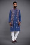 Buy_Raghavendra Rathore Jodhpur_Blue Silk Embroidery Thread Long Waistcoat _at_Aza_Fashions