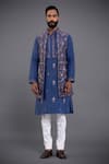 Raghavendra Rathore Jodhpur_Blue Silk Embroidery Thread Long Waistcoat _Online_at_Aza_Fashions