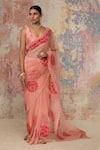 Buy_Devnaagri_Peach Raw , Organza Scoop Neck Embroidered Saree With Blouse _at_Aza_Fashions