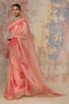 Devnaagri_Peach Raw , Organza Scoop Neck Embroidered Saree With Blouse _Online_at_Aza_Fashions