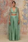 Devnaagri_Green Organza, Muskaish Chanderi, Woven V Neck Cape And Sharara Set _Online_at_Aza_Fashions