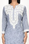 Khwaab by Sanjana Lakhani_Grey Cotton Silk Embroidered Thread Work Round Notched Kashmiri Kurta _at_Aza_Fashions