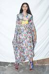 Buy_Anamika Khanna_White Silk Printed Dress With Cape_at_Aza_Fashions