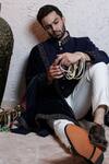 Shop_Soniya G_Blue Italian Crepe Mandarin Collar Sherwani Set _at_Aza_Fashions