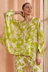 Buy_Label Deepika Nagpal_Green Shirt Pearl Chiffon Floral Mandarin Amyra Pattern Kimono With Pant _Online_at_Aza_Fashions