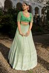 Buy_Amrin khan_Green Georgette Embroidery Thread Sweetheart Neck Floral Lehenga Set  _Online_at_Aza_Fashions