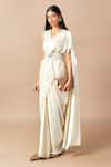 Buy_AMPM_Ivory Cupro Viscose Plain V Neck Corded Saree Gown With Belt _at_Aza_Fashions