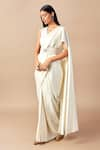 Shop_AMPM_Ivory Cupro Viscose Plain V Neck Corded Saree Gown With Belt _Online_at_Aza_Fashions