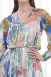 Mandira Wirk_Multi Color Organza, Satin Sequins V-neck Hibiscus Print High Low Dress _Online_at_Aza_Fashions
