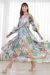 Buy_Mandira Wirk_Multi Color Organza, Satin Sequins V-neck Hibiscus Print High Low Dress _Online_at_Aza_Fashions
