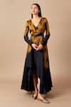 Buy_AMPM_Black Satin Organza Printed Bird V Neck Helen Gown _Online_at_Aza_Fashions