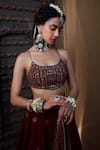 Shop_Kritika Dawar_Maroon Silk, Tissue Mirrors, Embroidery Scoop Neck Placement Lehenga Set _at_Aza_Fashions