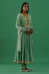 5elements_Green 100% Cotton With Silk Brocade Yoke Embellishment Brooch Round Anarkali Set _Online_at_Aza_Fashions