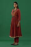 5elements_Brown 100% Cotton With Silk Brocade Yoke Ghungroo Neckline Anarkali Set _Online_at_Aza_Fashions