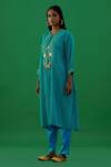 5elements_Blue Pleated Polyester Mix Embellishment Brooch Notched Tunic _Online_at_Aza_Fashions