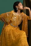5elements_Yellow Chanderi Silk Tissue Embellishment Mirror And Stripe Pattern Anarkali Set _Online_at_Aza_Fashions