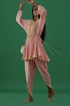 5elements_Pink 100% Cotton With Silk Brocade Yoke Crushed Anarkali And Dhoti Pant Set _Online_at_Aza_Fashions
