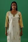 Shop_5elements_Gold Silk Placement Embroidery Beads Notched Neck Textured Kurta With Pant _Online_at_Aza_Fashions