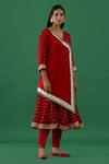 5elements_Red Modal Satin Woven Bandhani V Neck Work Wrap Anarkali With Pant _Online_at_Aza_Fashions