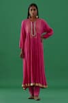 Buy_5Elements_Pink Cotton Embellished Ghungroo Round Hand Stitched Anarkali And Pant Set _at_Aza_Fashions