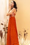 Silky Bindra_Orange Crepe V Neck Embroidered Top And Pant Set_Online_at_Aza_Fashions