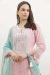 Vrinda by Pundrik Dubey_Pink Kurta Cotton  Dupatta Chanderi Notched Printed Straight Set _Online_at_Aza_Fashions