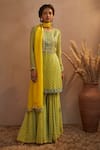 Buy_Aneesh Agarwaal_Yellow Georgette Abstract Print, Mirror And Thread Round Kurta Sharara Set _at_Aza_Fashions