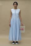 Chillosophy_Blue Cotton Poplin Round Pleated Maxi Dress  _Online_at_Aza_Fashions