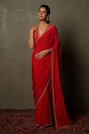 Buy_RI.Ritu Kumar_Pink 100% Silk Printed Geometric V Neck Prina Saree With Blouse_at_Aza_Fashions