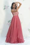 Buy_Taavare_Pink Organza Asymmetric One Shoulder Layered Gown_at_Aza_Fashions