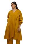 Khat_Yellow Cotton, Poplin V-neck Pleated Dress And Pant Co-ord Set _Online_at_Aza_Fashions