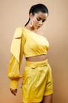 Ahi Clothing_Yellow 100% Cotton Plain Asymmetric Pleated Crop Top And Shorts Set _at_Aza_Fashions