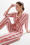 Cin Cin_Red Cotton Striped Shawl Collar Stin Shirt And Pant Set _at_Aza_Fashions