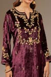 Anantaa by Roohi_Wine Velvet Embroidered Floral Notched Kurta _at_Aza_Fashions