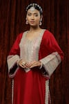 Buy Shikhar Sharma Red Silk Chanderi Embroidered Pearl Leaf Neck Kurta Pant Set Buy_Shikhar Sharma_Red Silk Chanderi Embroidered Pearl Leaf Neck Kurta Pant Set