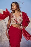 Nikita Vishakha_Red Organza, Georgette, Jacquard Embroidery V-neck Hand Saree With Blouse _at_Aza_Fashions