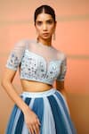 Shop_Ahi Clothing_Blue Net Hand Embroidered Floral Round Blouse And Skirt Set _Online_at_Aza_Fashions