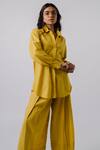 Buy_Tussah By Siddhi Shah_Yellow Cotton Collared Back Cut Work Panelled Shirt And Pant Set _Online_at_Aza_Fashions
