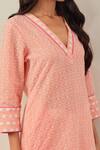 Shop_The Indian Cause_Peach Cotton Embroidery Thread V Neck Kali Kurta And Palazzo Set _Online_at_Aza_Fashions