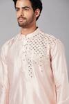 Hilo Design_Peach Cotton, Lycra, Silk Mirrors Rooyi Placement Embroidered Kurta Set _at_Aza_Fashions