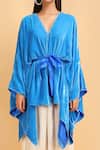 Label Ivish_Blue Silk V-neck Kimono Jacket And Trouser Set With Belt _at_Aza_Fashions