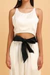 LABEL IVISH_Off White Pure Silk Charmeuse Satin Top And Trouser Set With Sash Belt  _at_Aza_Fashions