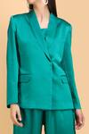 Label Ivish_Green Silk, Satin Round Neck Lapel Collar Blazer Trouser Set _at_Aza_Fashions