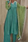 Affroz_Blue Silk, Chiffon Pearls, Lace V-neck Plain Kurta Set With Contrast Dupatta _at_Aza_Fashions