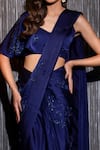 SHILPI GUPTA_Blue Silk Satin Embroidery V-neck Navy Pre-draped Saree Set _at_Aza_Fashions