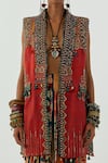 Aseem Kapoor_Red Satin Linen Zari Marodi Resham Open Ruhi Sleeveless Jacket _at_Aza_Fashions